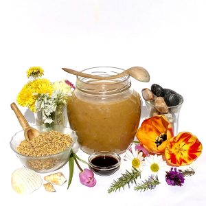 The ingredients used in our Mil product with flowers and shells.