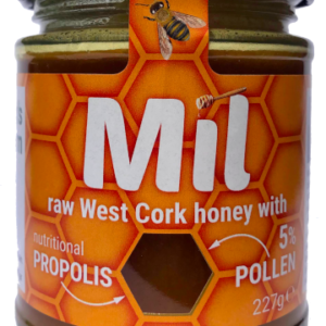 Jar of Mil honey with pollen and propolis